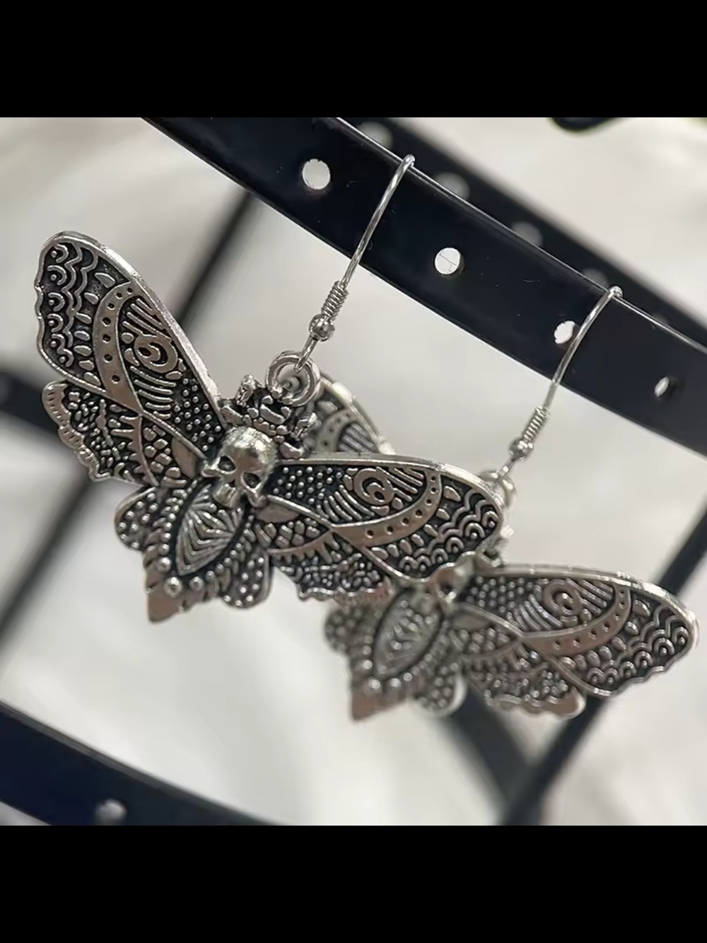 Gothic Skull Butterfly Earrings Silver Tone Moth Dangle Earrings Alt Punk